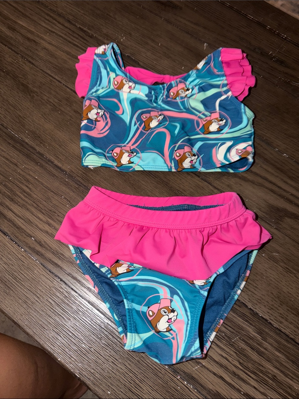 Girls Two-Piece Ruffle Swim Set in Pink and Teal